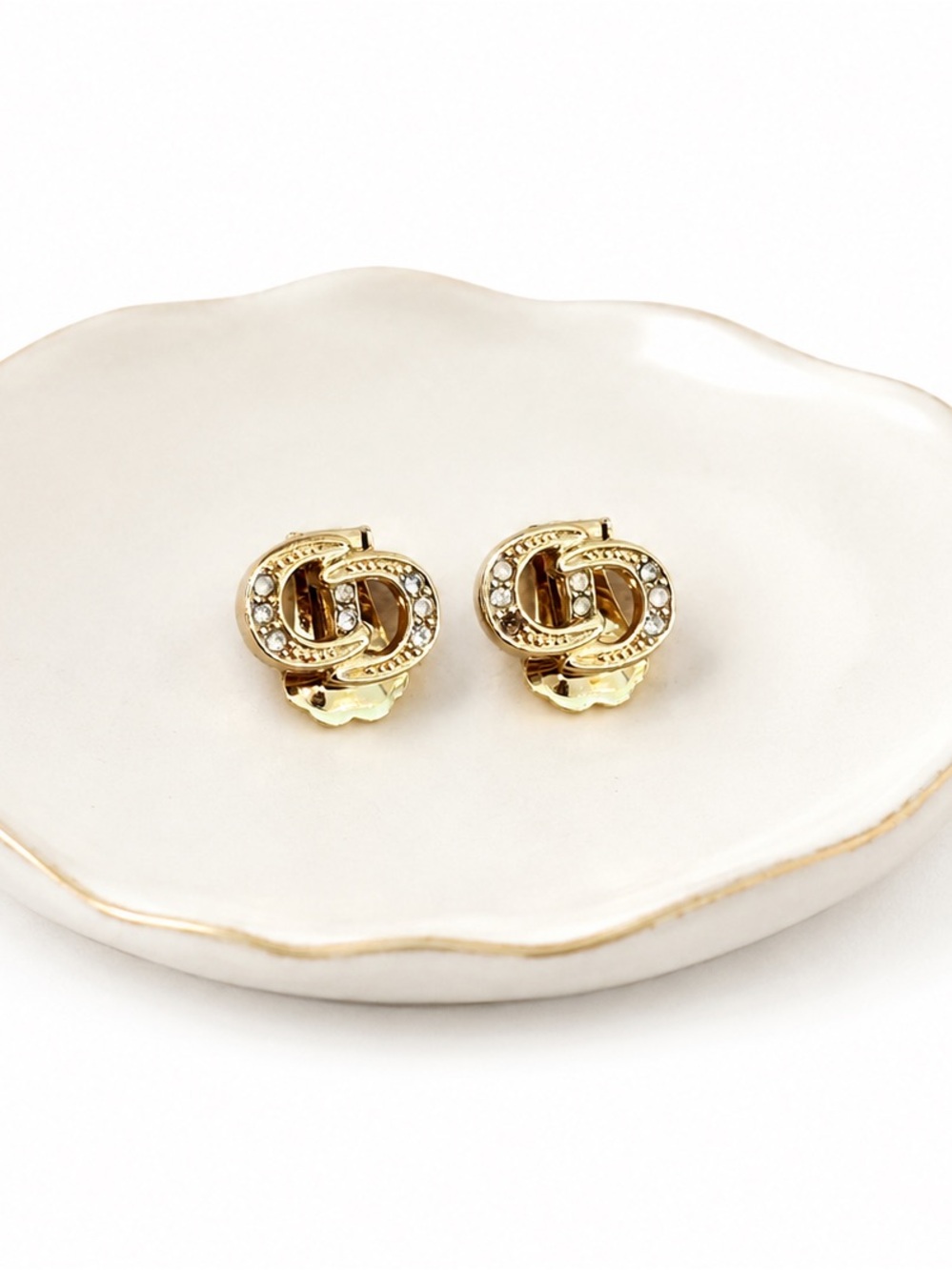 Christian Dior CD Logo Gold Plated Crystal Clip On Earrings